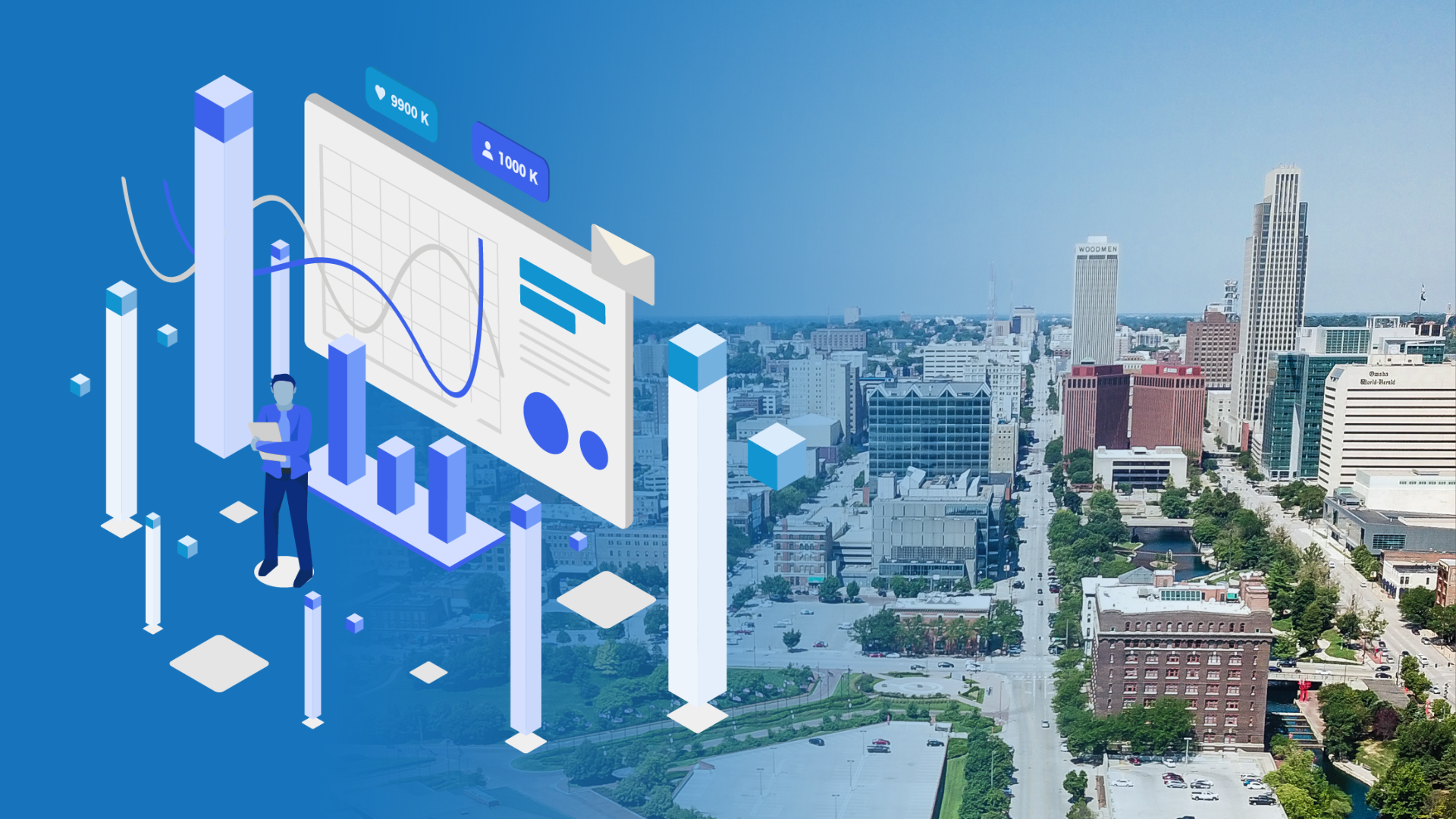 Infographic with charts and a person, overlaid on a city street view. Blue and white color scheme.