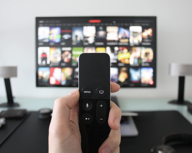 A person is holding a remote control in front of a television.