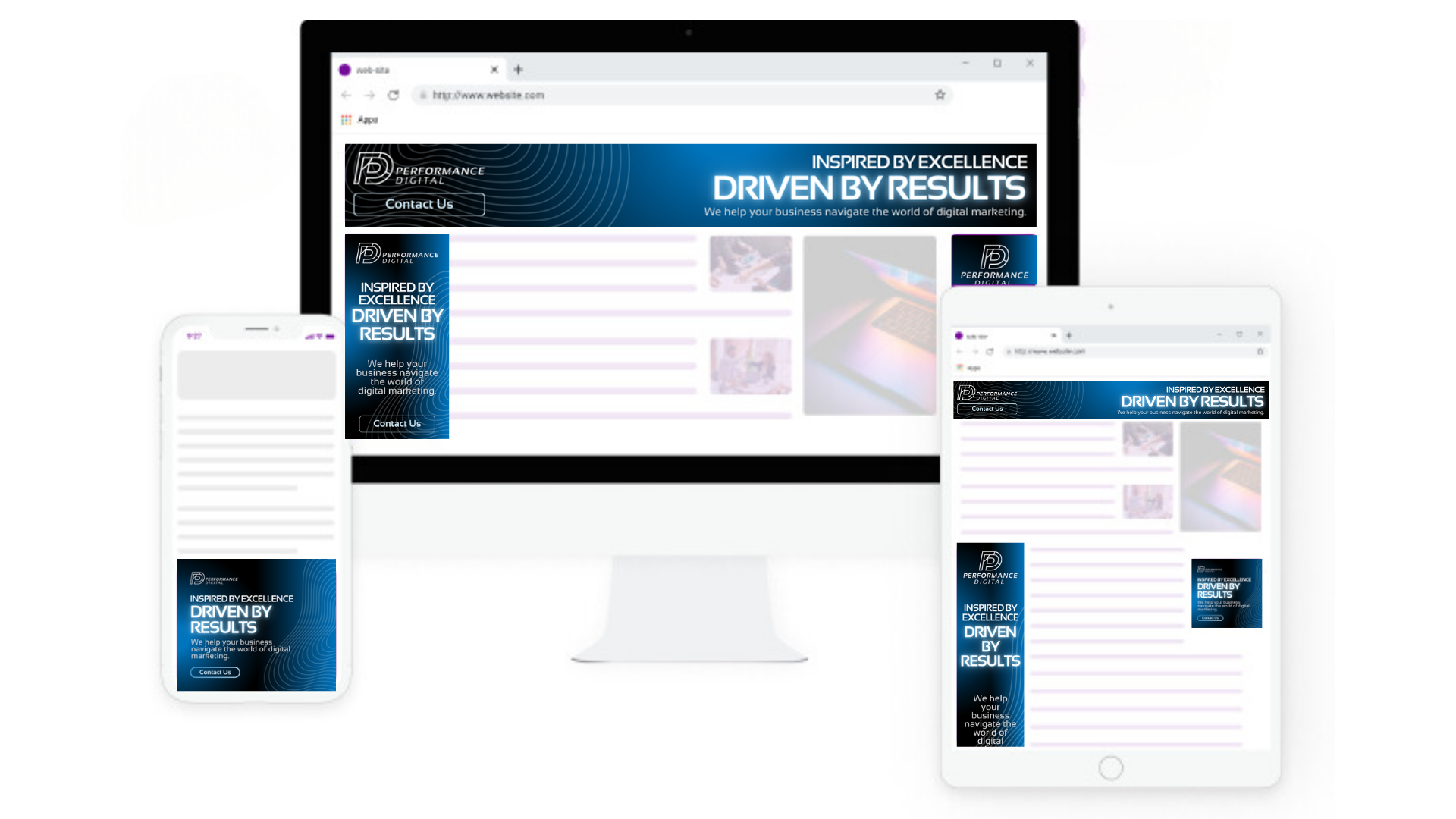 A monitor, tablet, and smartphone displaying a website with a blue, dark-themed banner and