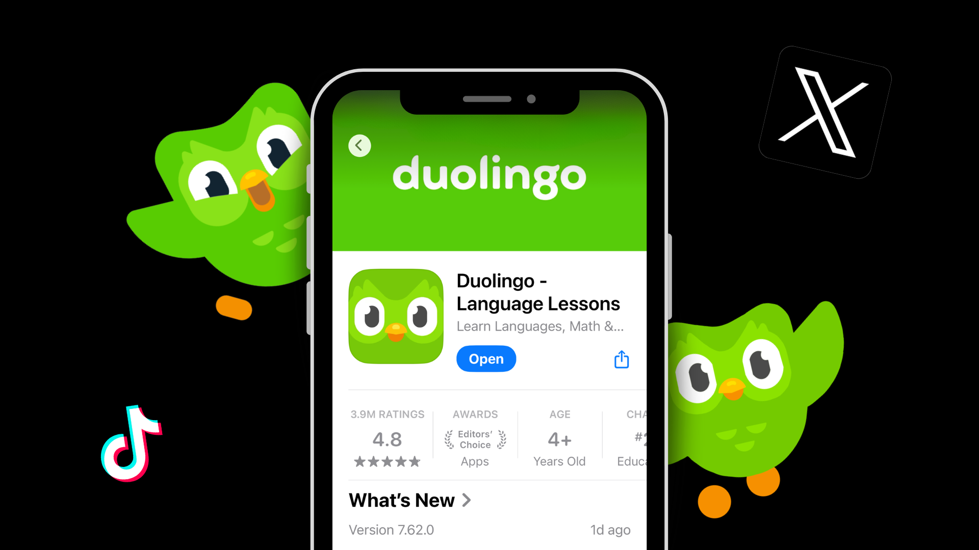 A cell phone with a duolingo app on it and two owls with the tiktok and X logos