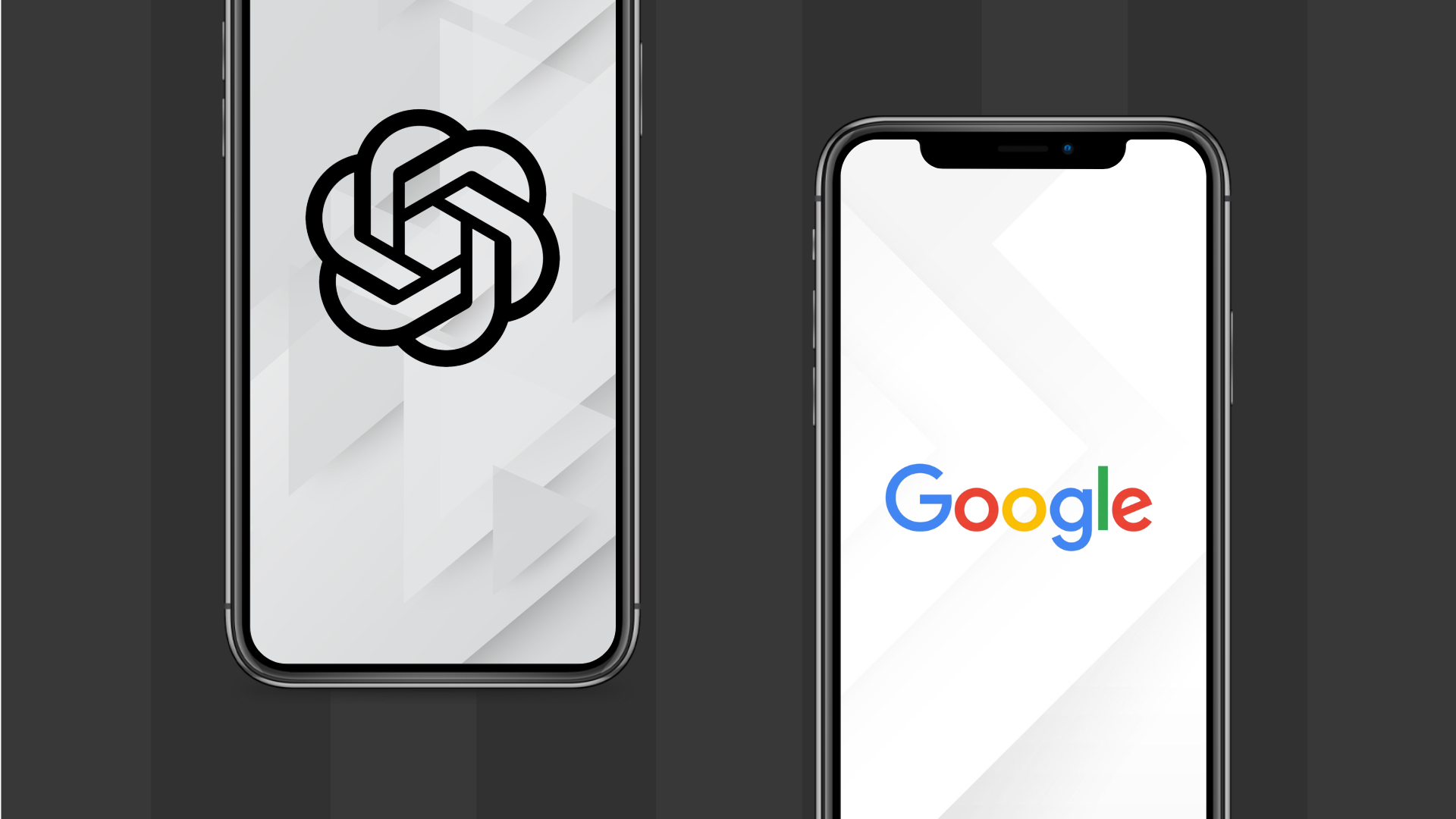 Two phones , one with the ChatGPT logo and one with the Google logo