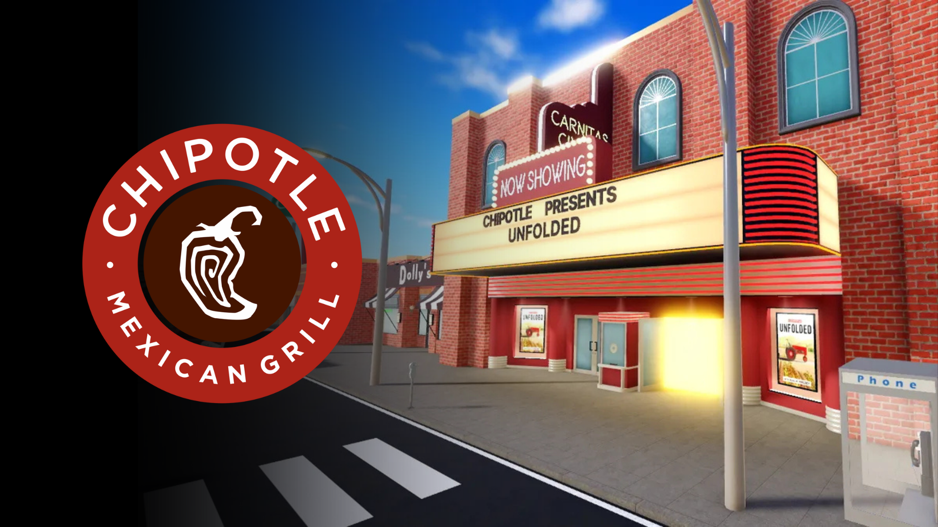 A chipotle mexican grill logo is in front of a brick cinema building in the Roblox game