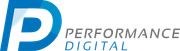 A blue and white logo for performance digital