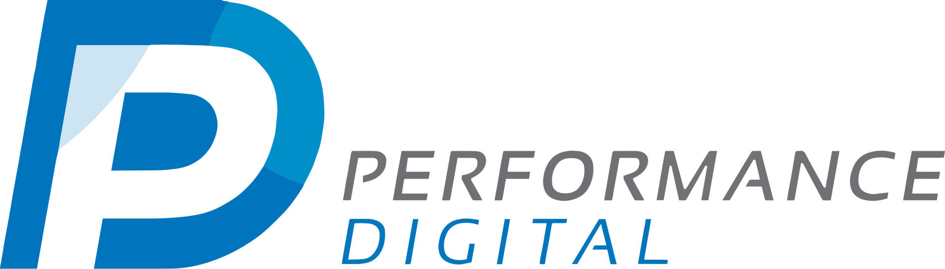 A blue and white logo for performance digital