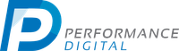 A blue and white logo for performance digital