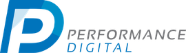 A blue and white logo for performance digital