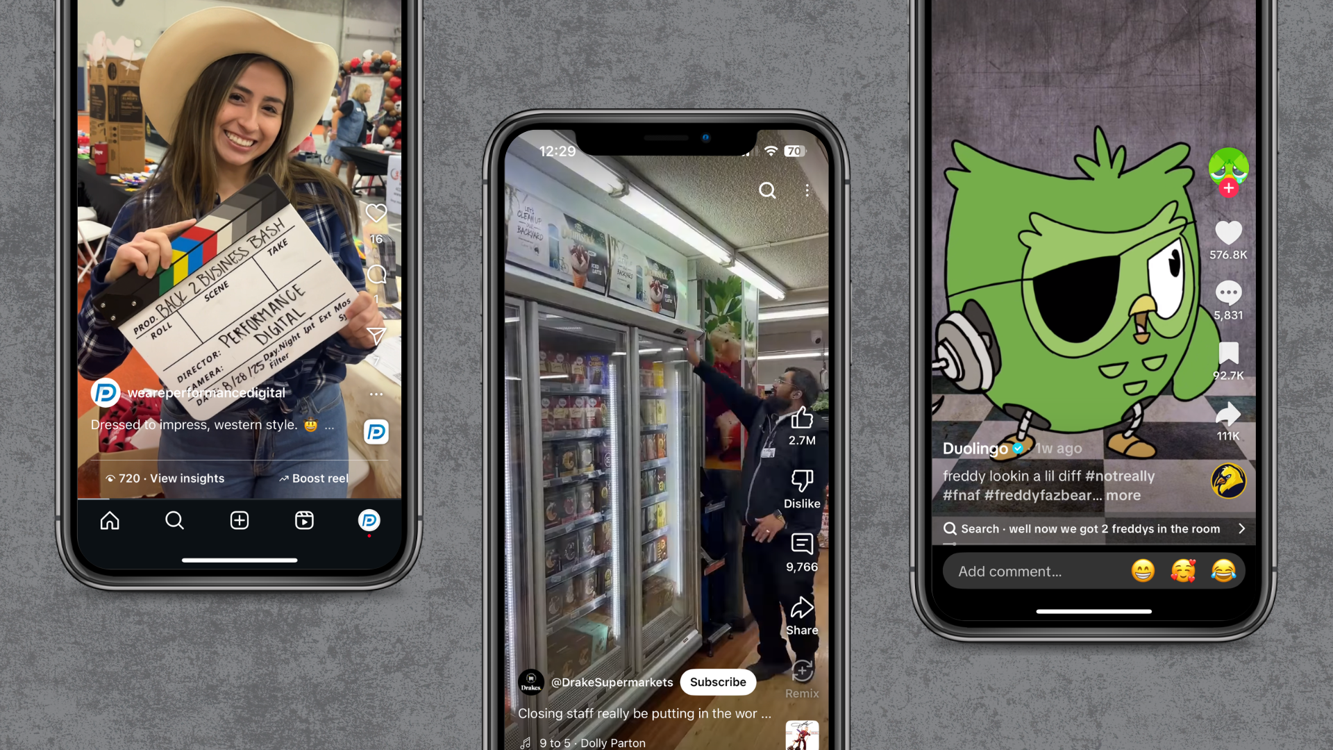 Three mobile phones displaying vertical videos: a woman holding a clapboard, a person in a store, and a cartoon owl.