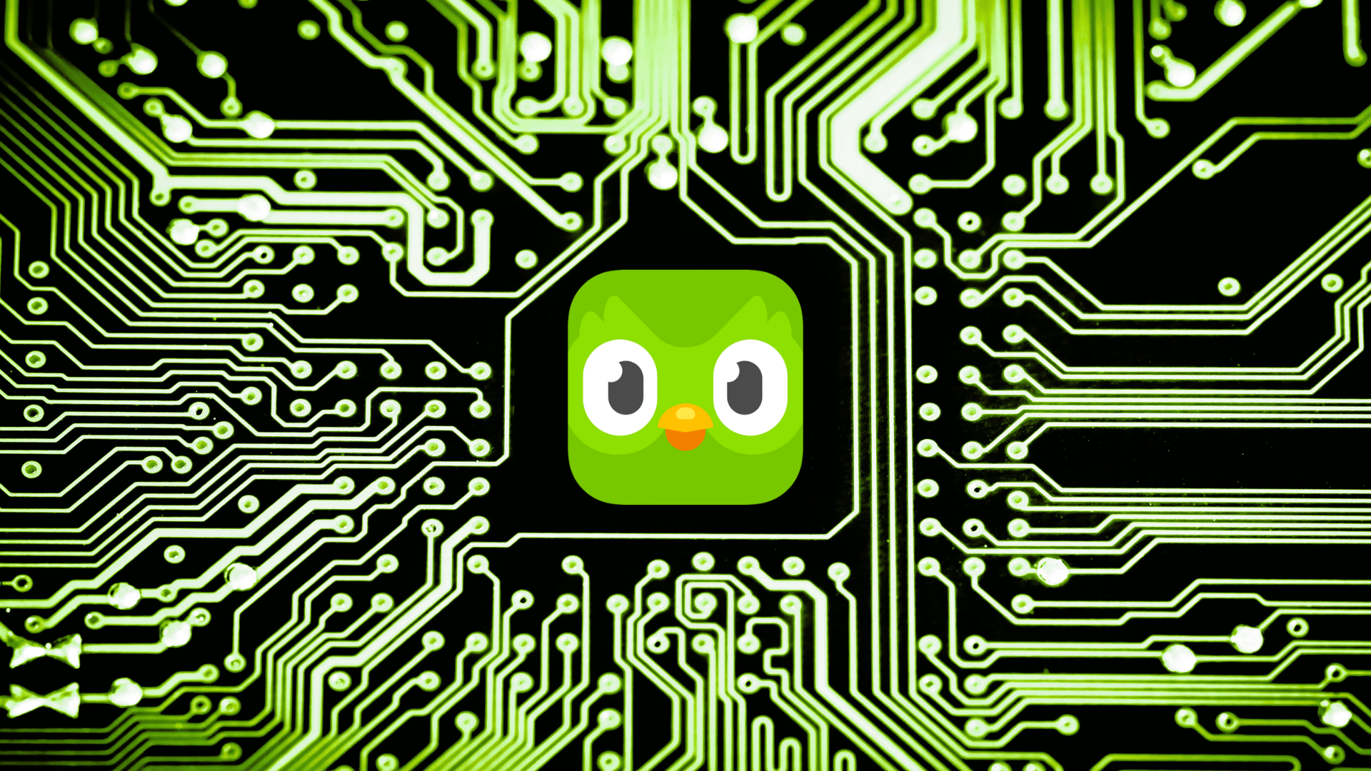 A green icon with a bird on it is on a green motherboard.