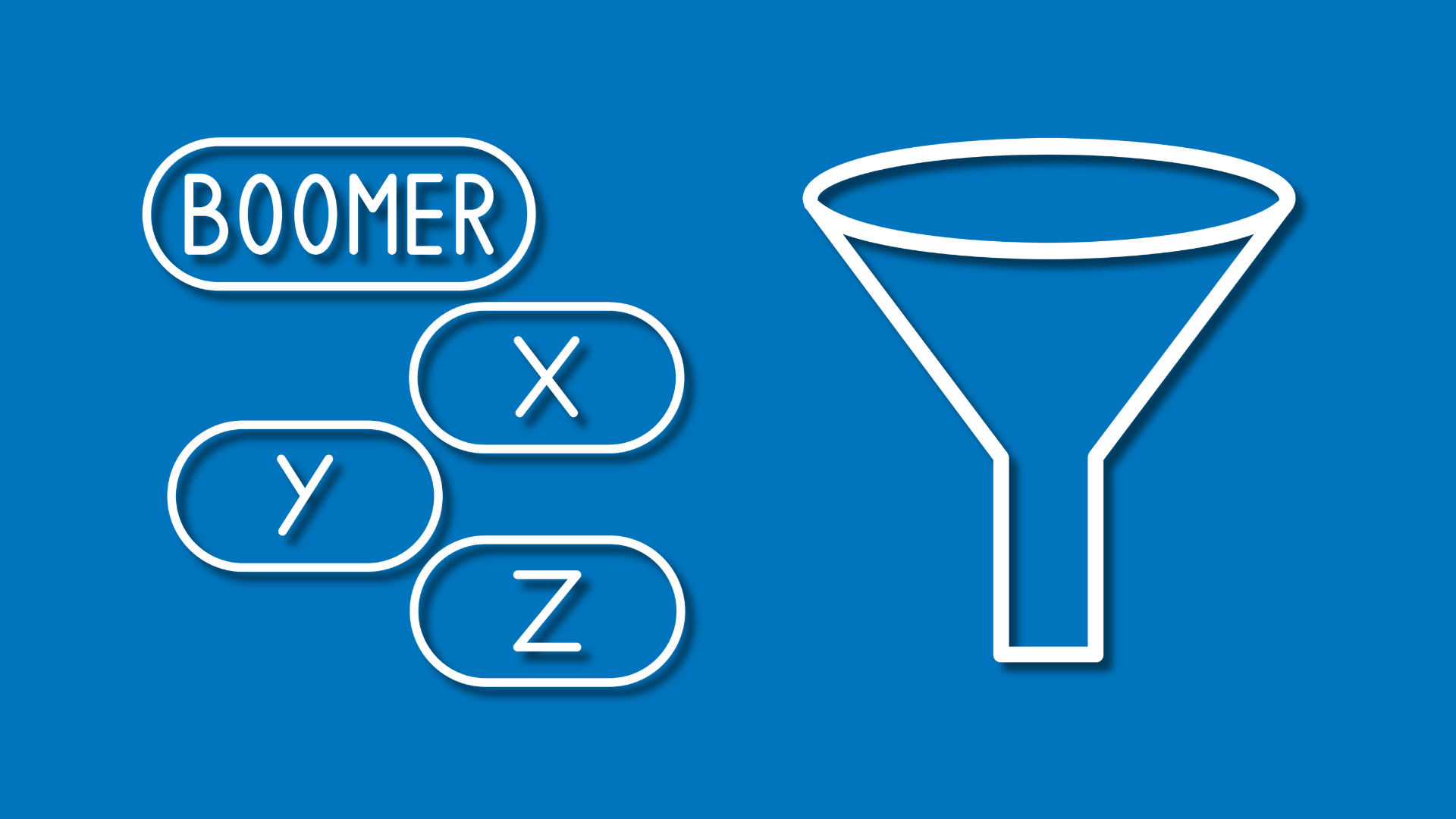 Blue graphic with labeled bubbles “BOOMER,” “X,” “Y,” “Z” beside a white funnel icon