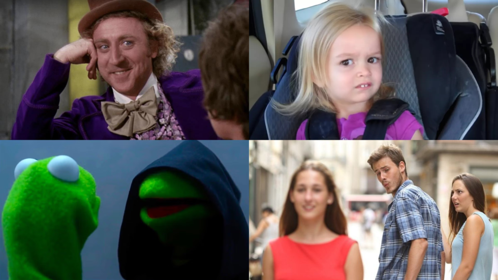 A collage of four pictures of a man, a girl, a kermit the frog, and a couple.