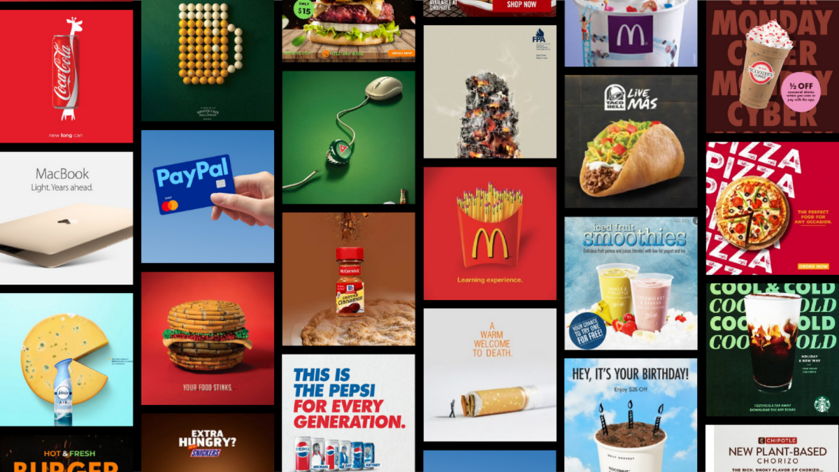 Collage of colorful fast-food, pizza, burger, and drink ads in a grid layout
