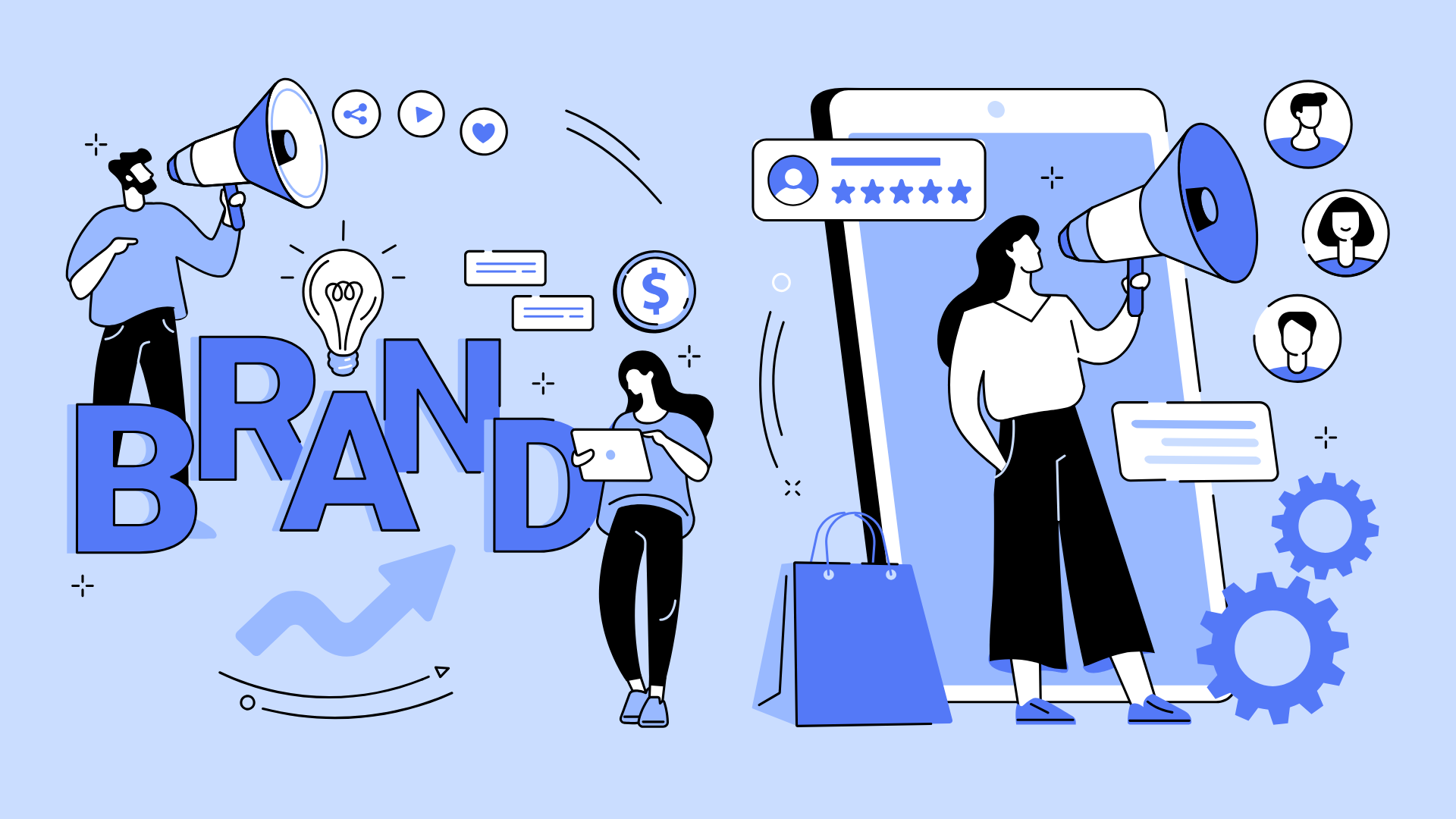 People promoting a brand with megaphones, a smartphone, and the word 