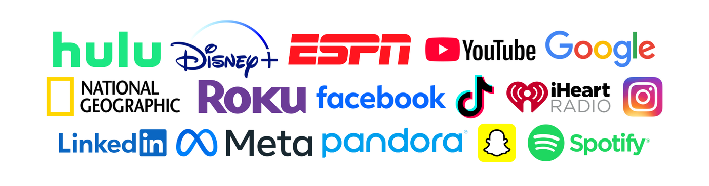 A row of logos including hulu disney espn youtube google linkedin meta pandora and spotify