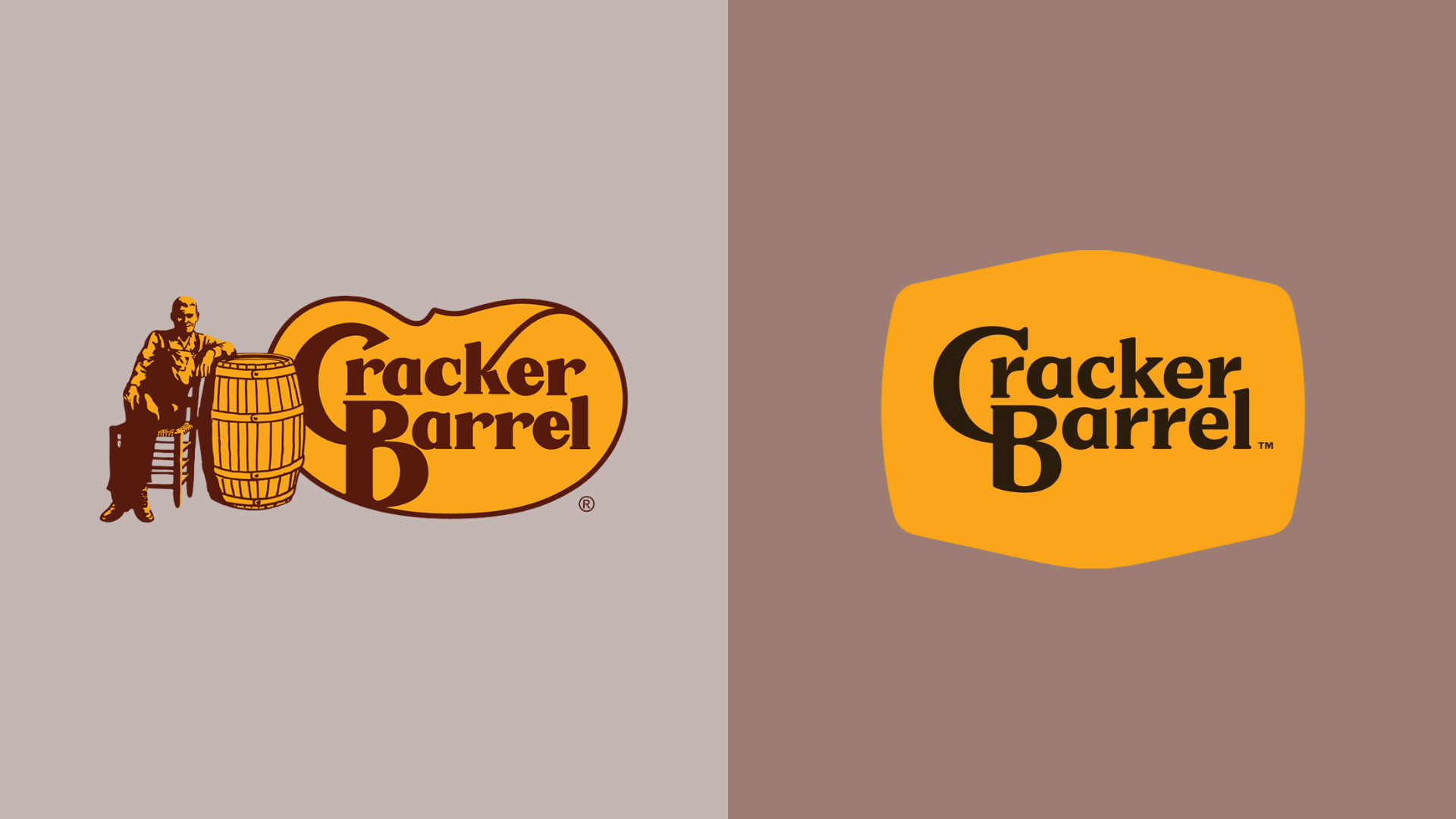 Cracker Barrel logos: original with figure and barrel, simplified logo in gold hexagon.
