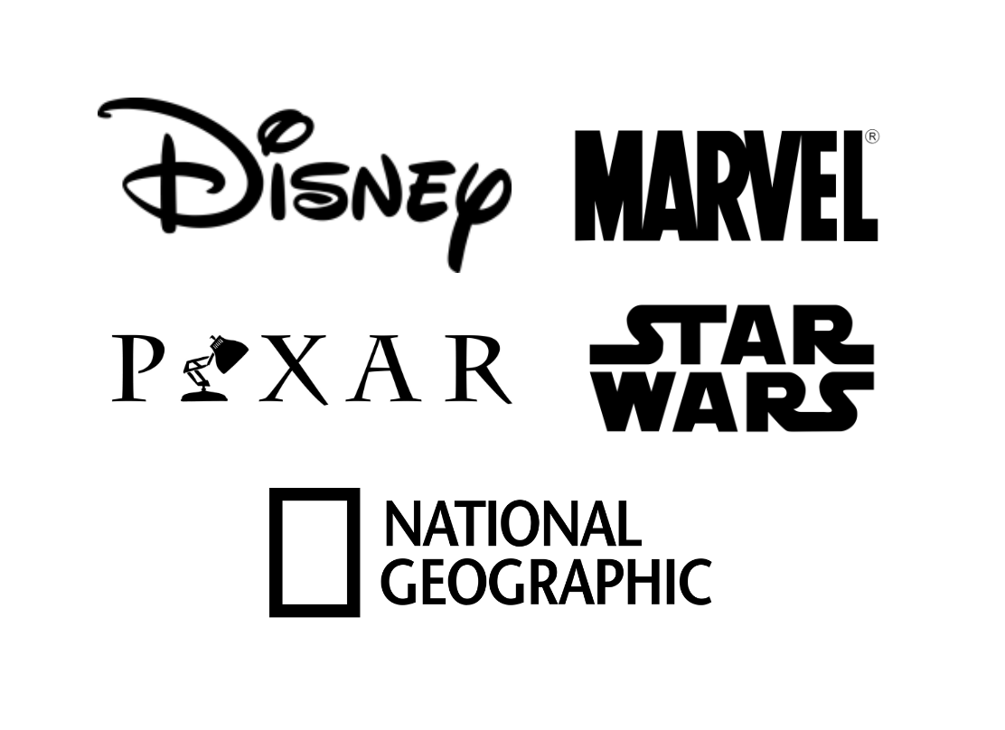 A group of logos for disney , marvel , pixar , star wars and national geographic.