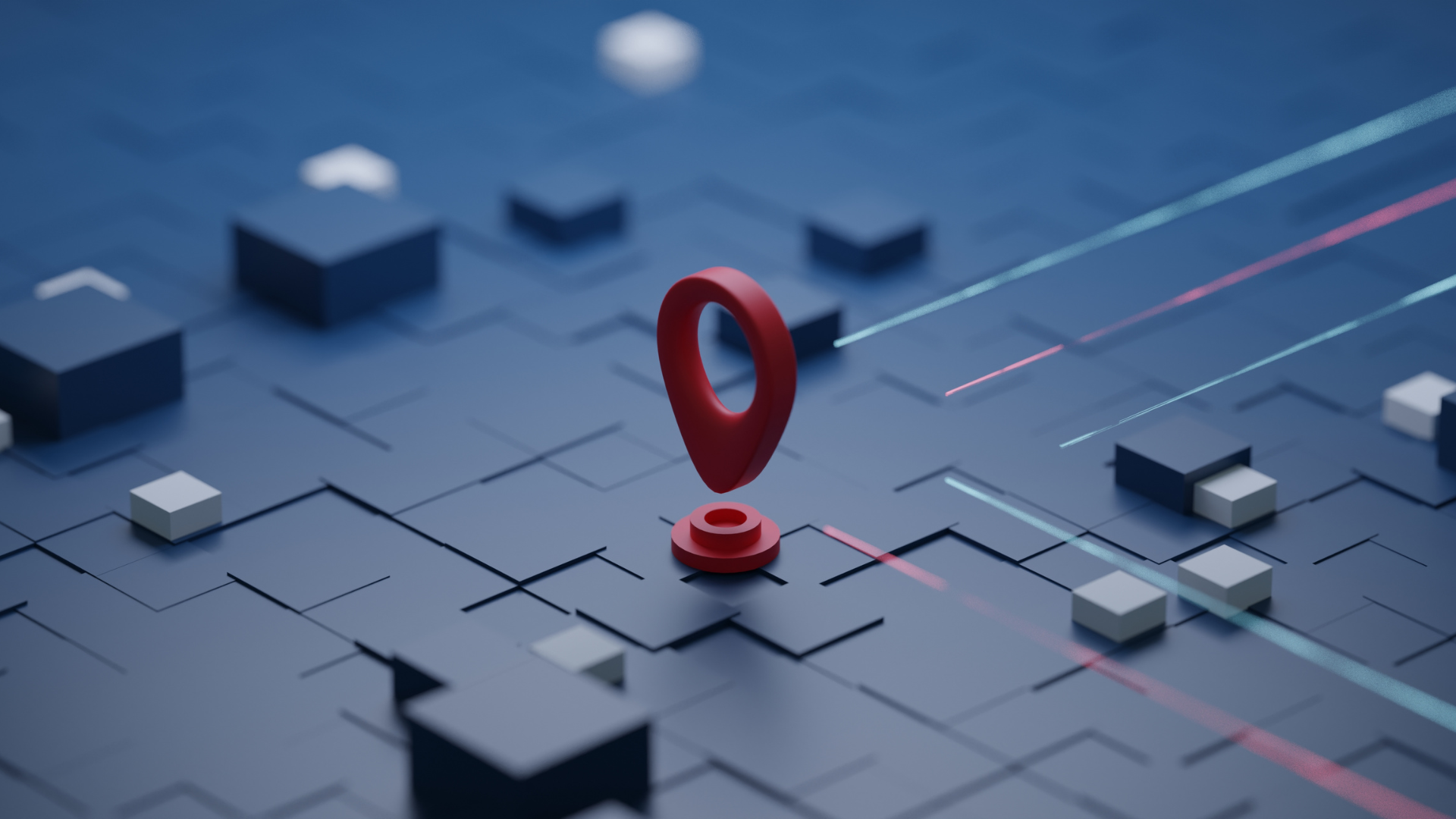 A red pin is sitting on top of a blue map.