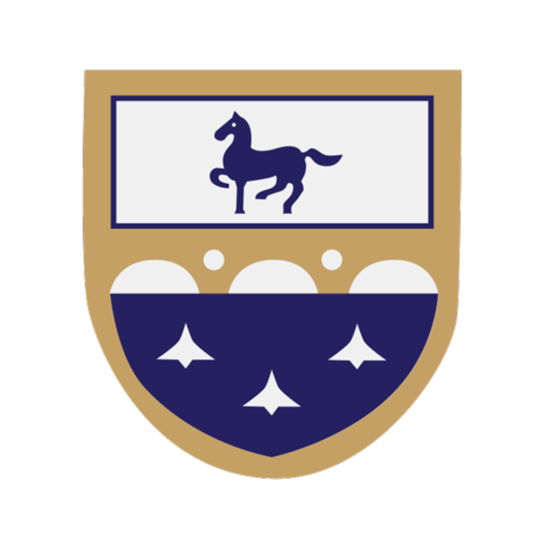 A coat of arms featuring a blue horse on a white background above a blue base with white shapes on a tan shield.