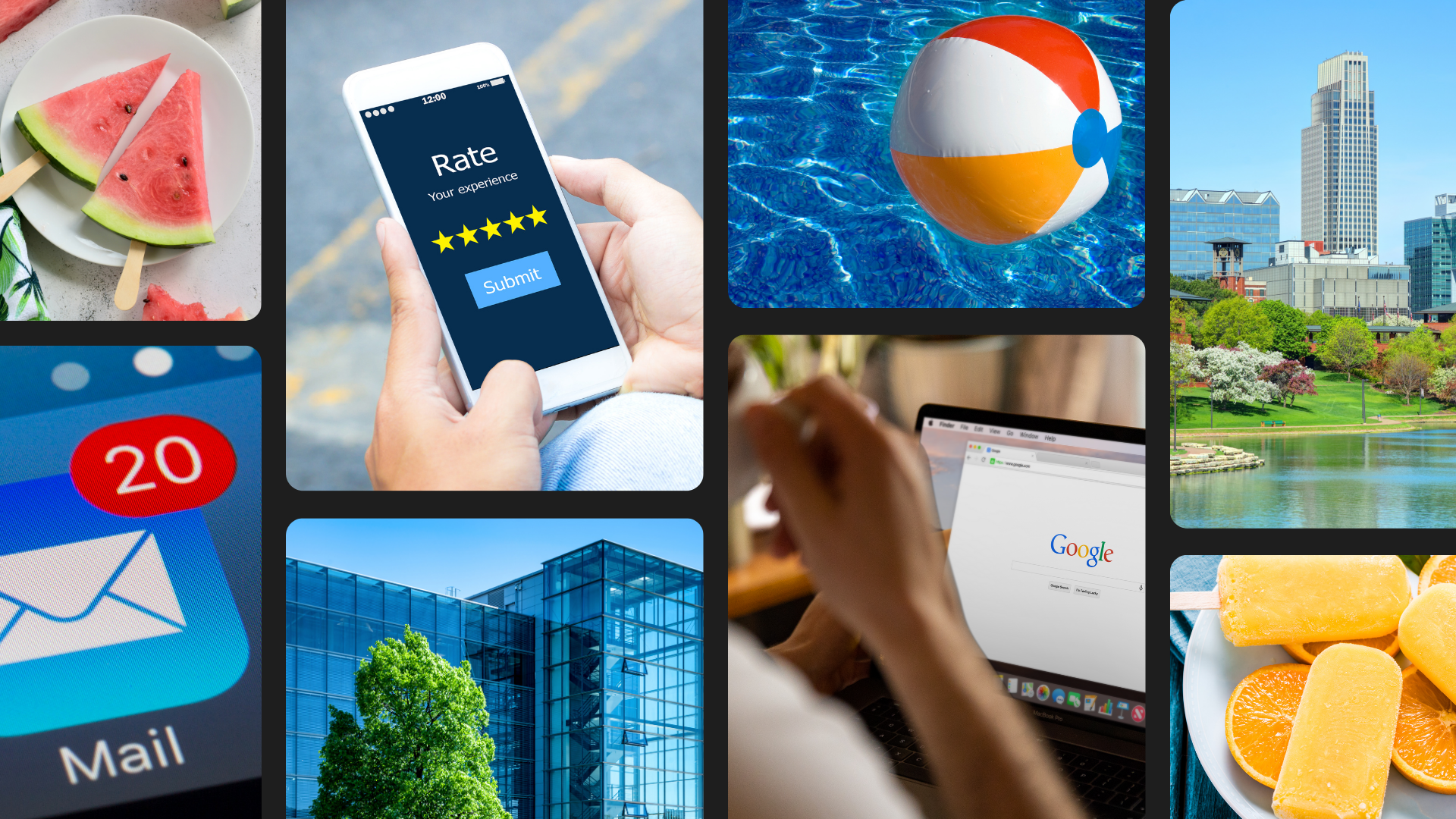 A collage of pictures shows a person using a cell phone , a beach ball , and a laptop.