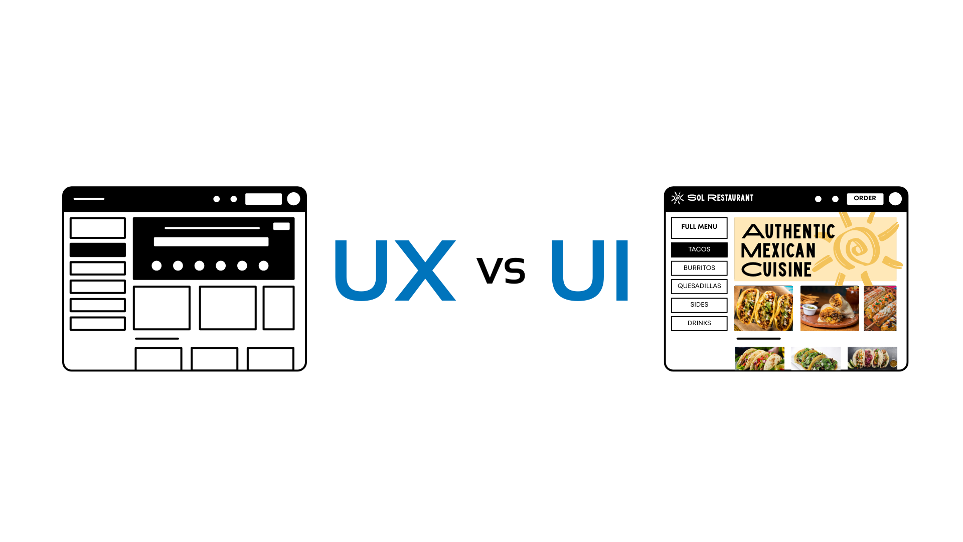 UX vs UI comparison graphic with two website mockups on a white background