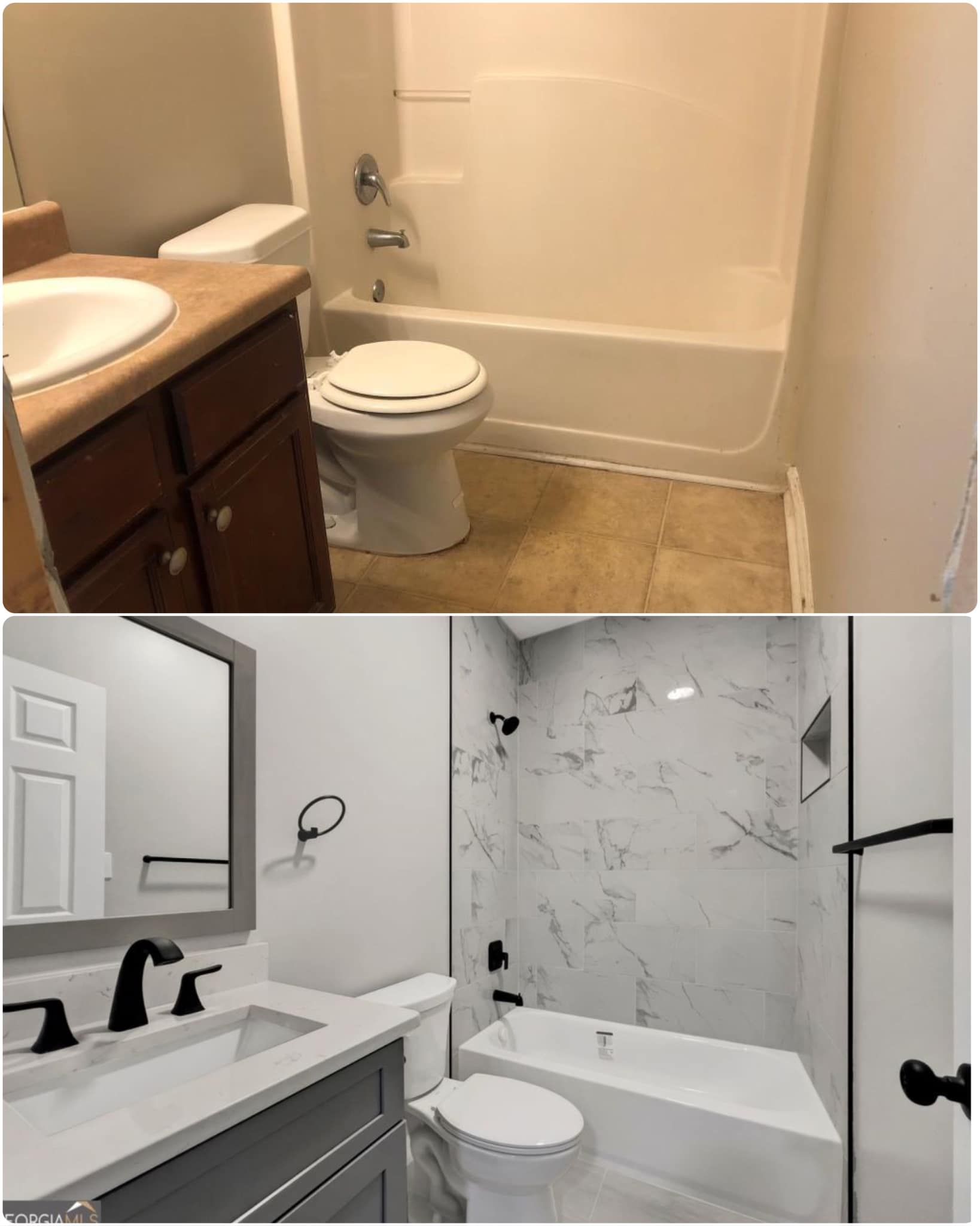 A before and after photo of a bathroom with a toilet, sink and shower
