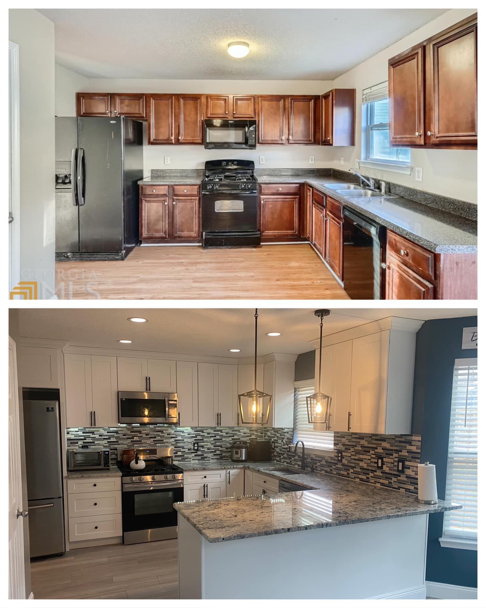 A before and after photo of a kitchen with wooden cabinets and granite counter tops.