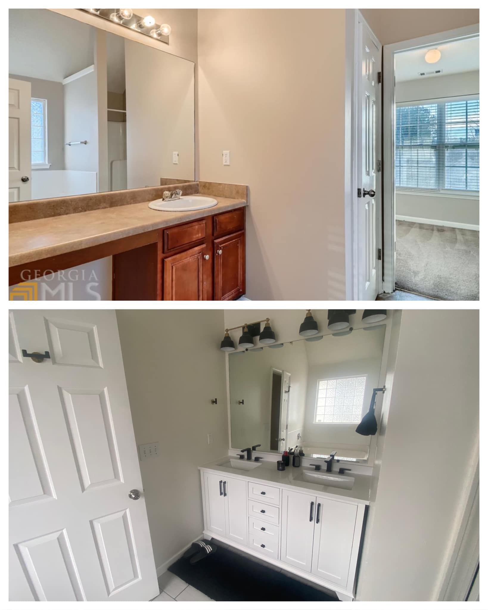 Two pictures of a bathroom before and after being remodeled