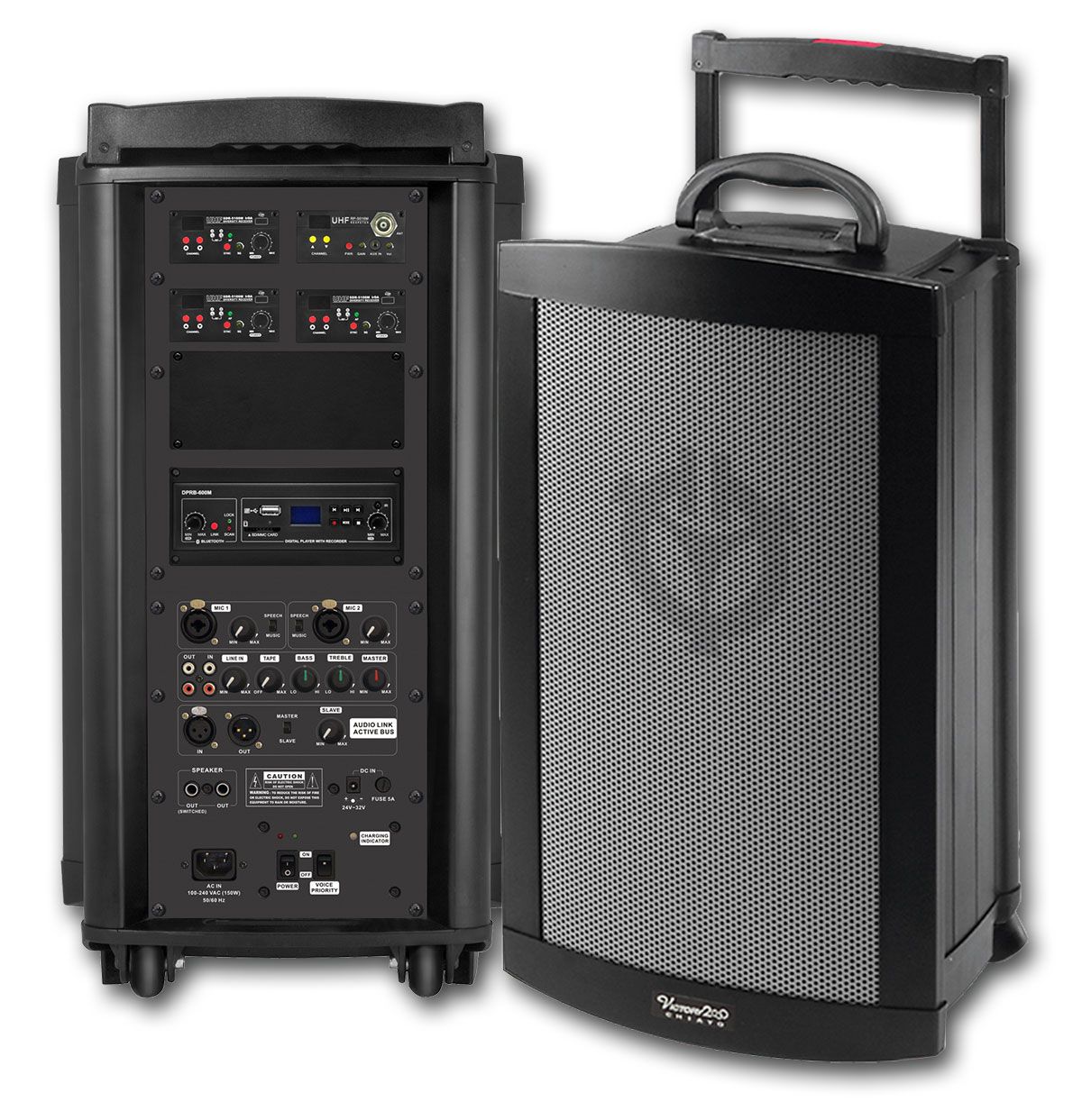 A pair of speakers sitting next to each other on a white background