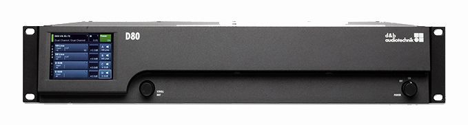 A black amplifier with a blue screen on a white background