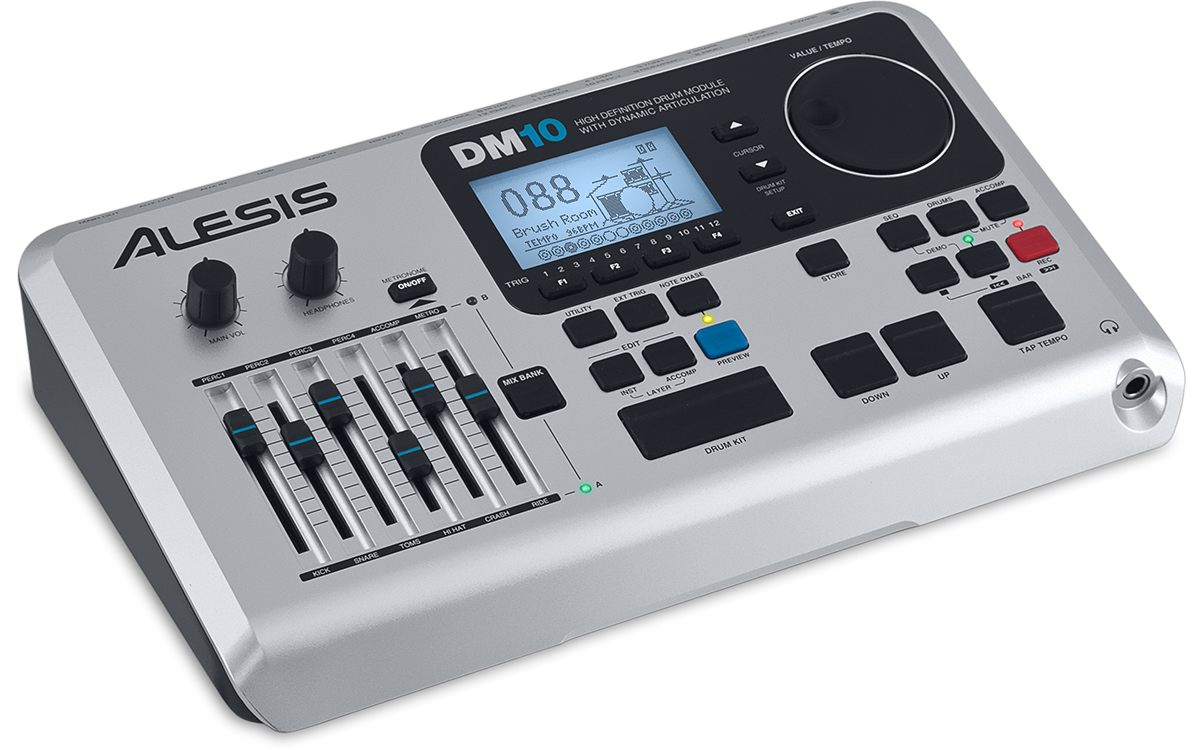 An alesis dm10 mixer is sitting on a white surface.
