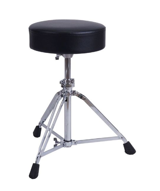 A black drum stool is sitting on a tripod on a white background