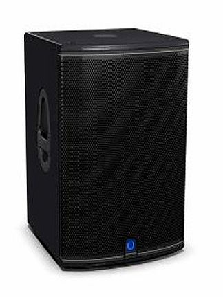 A black subwoofer speaker on a white background.