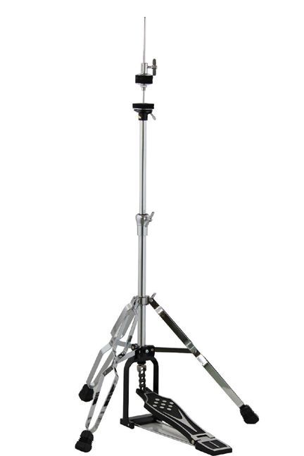 A drum stand with a drum pedal attached to it on a white background.