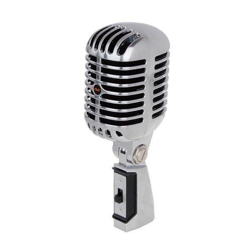 A silver microphone is sitting on a stand on a white background.