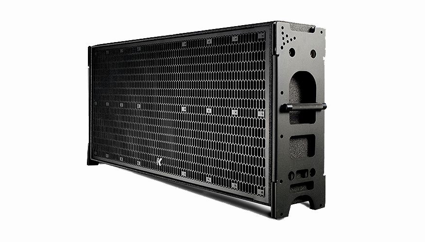 A black radiator is sitting on top of a white surface.