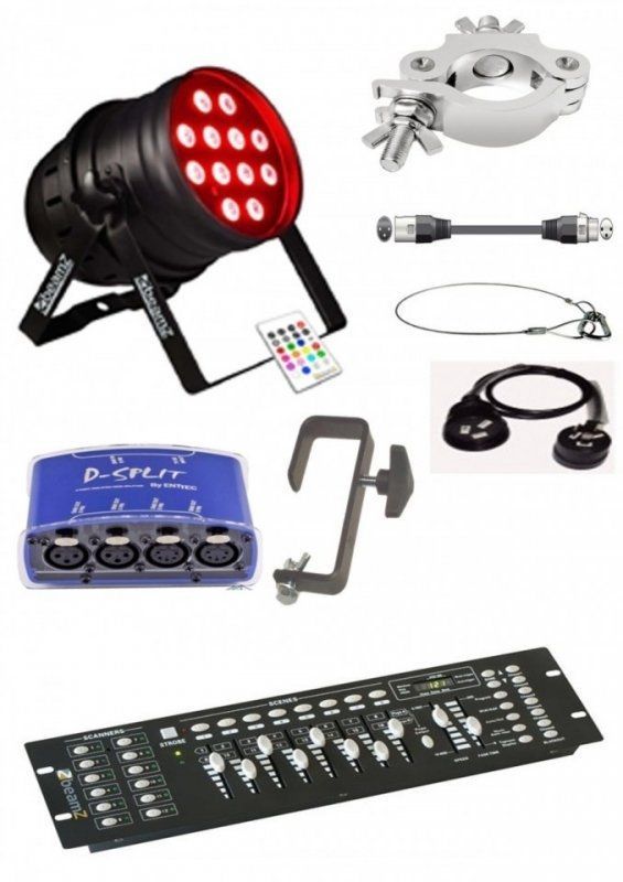 A bunch of different types of lighting equipment on a white background
