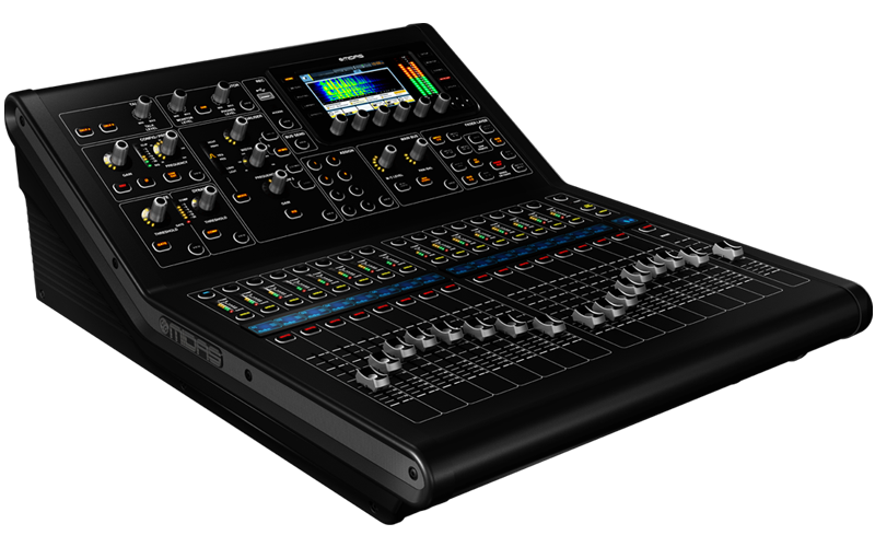 A black mixer with a lot of knobs and buttons on a white background.