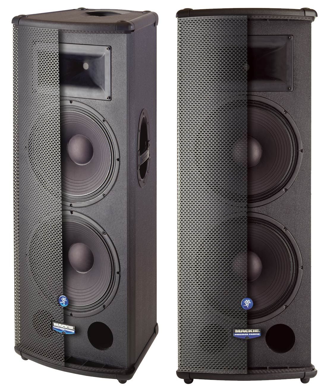 A pair of speakers sitting next to each other on a white background