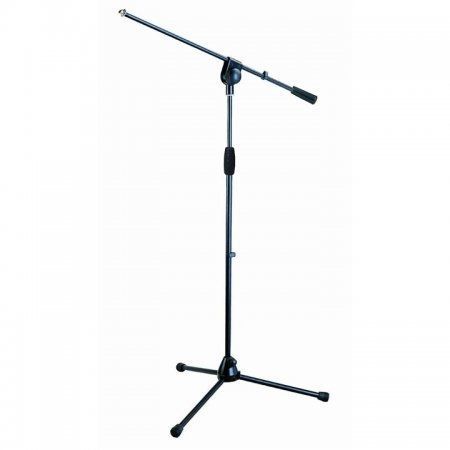 A microphone stand with a microphone attached to it on a white background.