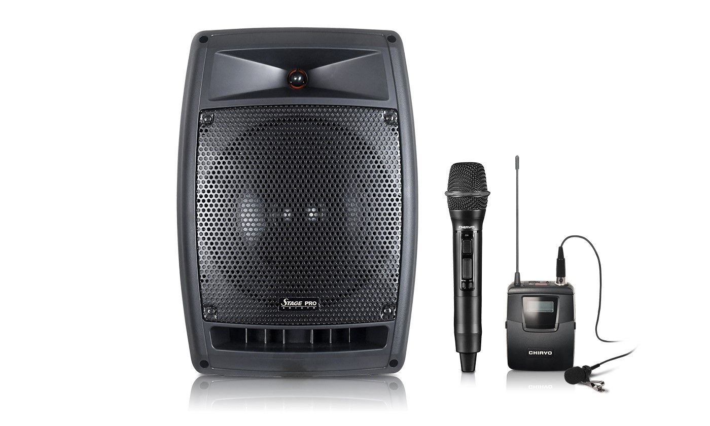 A speaker with a microphone attached to it on a white background.