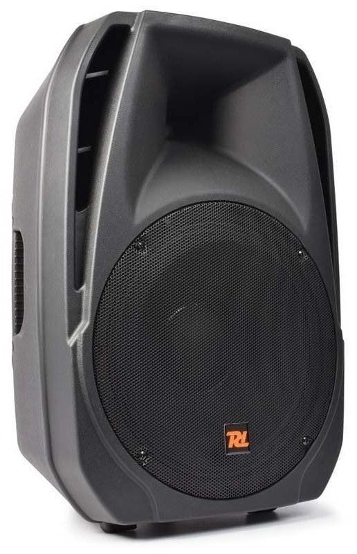 A black speaker with an orange logo on it is sitting on a white surface.