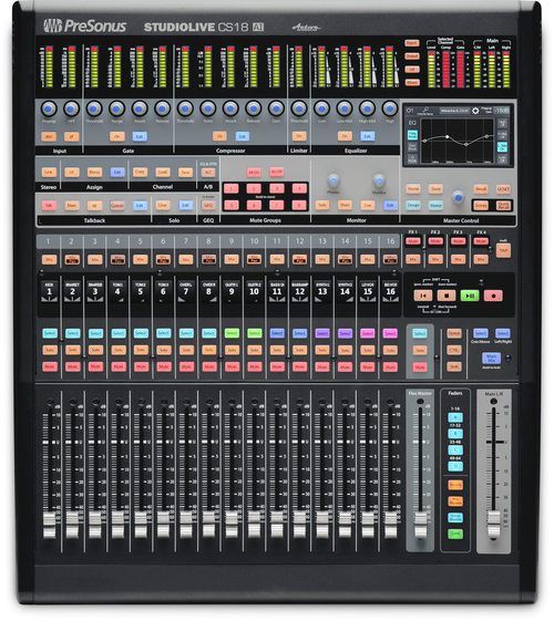 A presonus mixer with a bunch of buttons