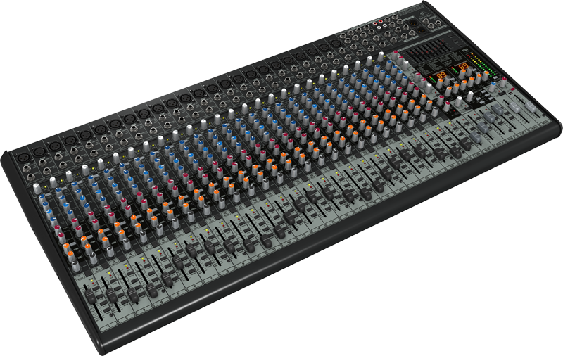 A mixer with a lot of knobs on it on a white background.