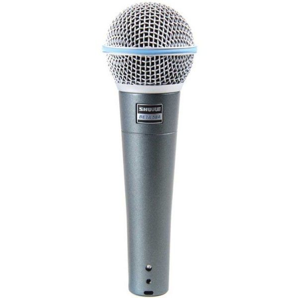 A close up of a microphone on a white background.