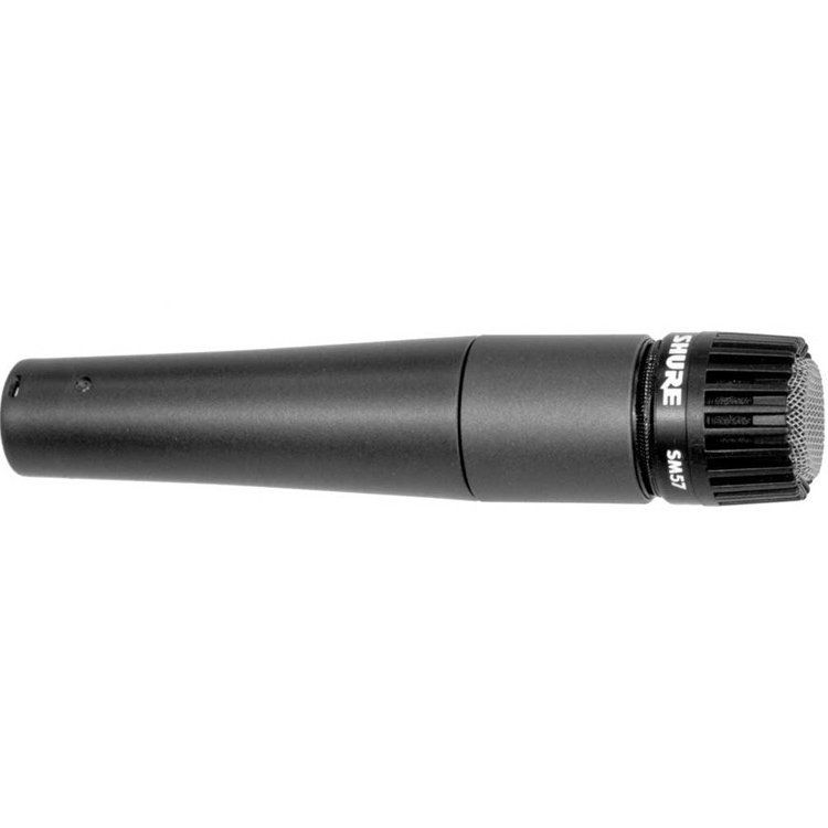 A close up of a shure sm57 microphone on a white background.