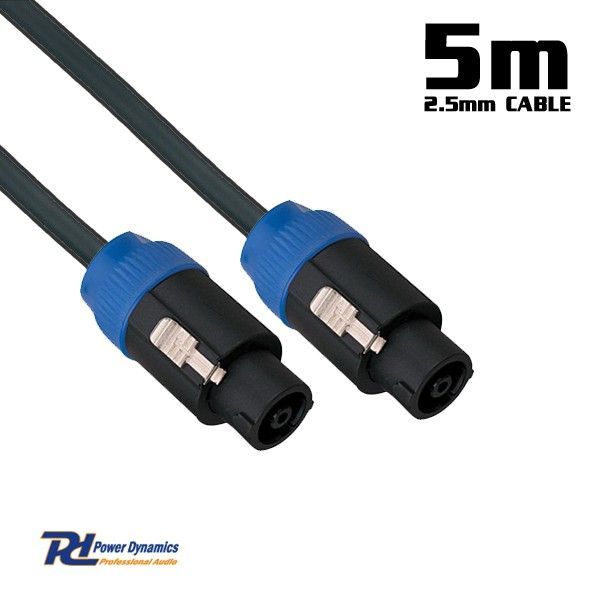 A 5m power dynamics cable with black and blue connectors