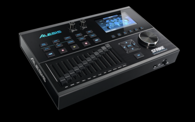 A black alesis drum machine on a black background