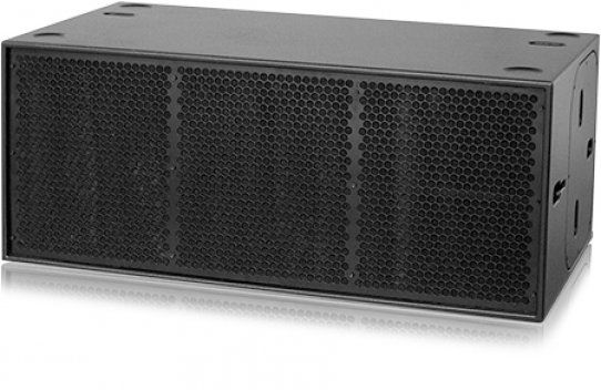 A large black speaker is sitting on a white surface.