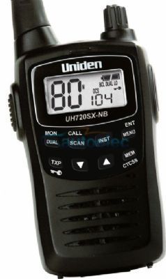 A black uniden walkie talkie with a digital display on a white background.