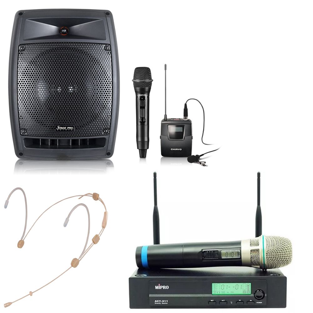 A speaker , two microphones , and a headset are shown on a white background.
