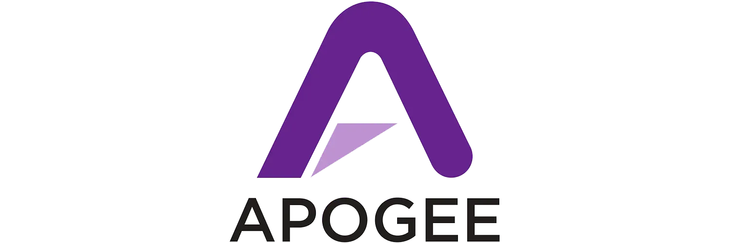The logo for apogee is a purple letter a on a white background.